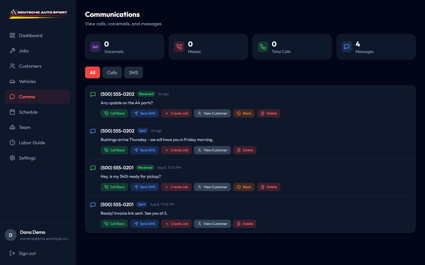 Communications timeline showing inbound and outbound SMS with quick actions