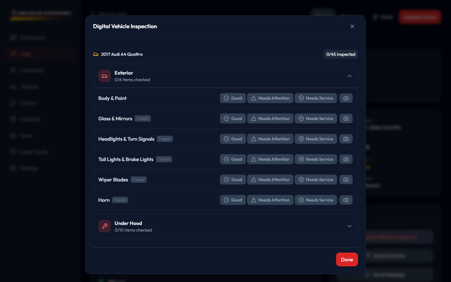 Digital vehicle inspection checklist with good, needs attention, and needs service grading plus photo attachment