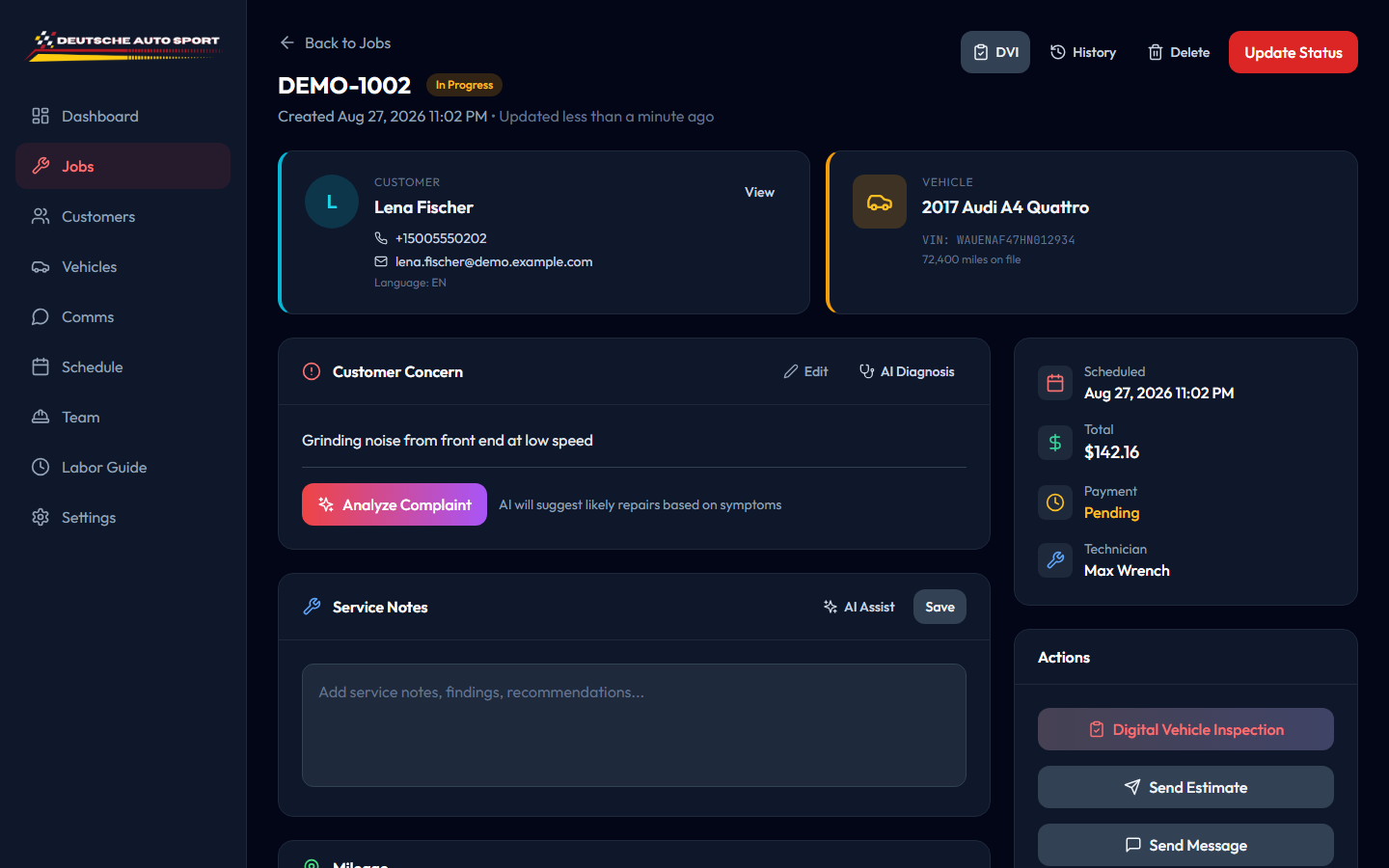 Job detail screen with customer, vehicle, line items, totals and status workflow