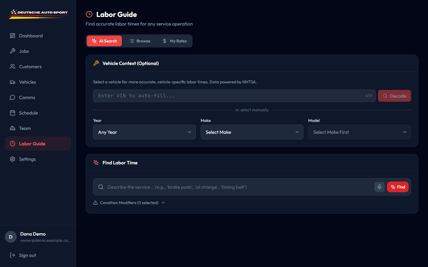 Labor guide with AI search, vehicle context and operation times