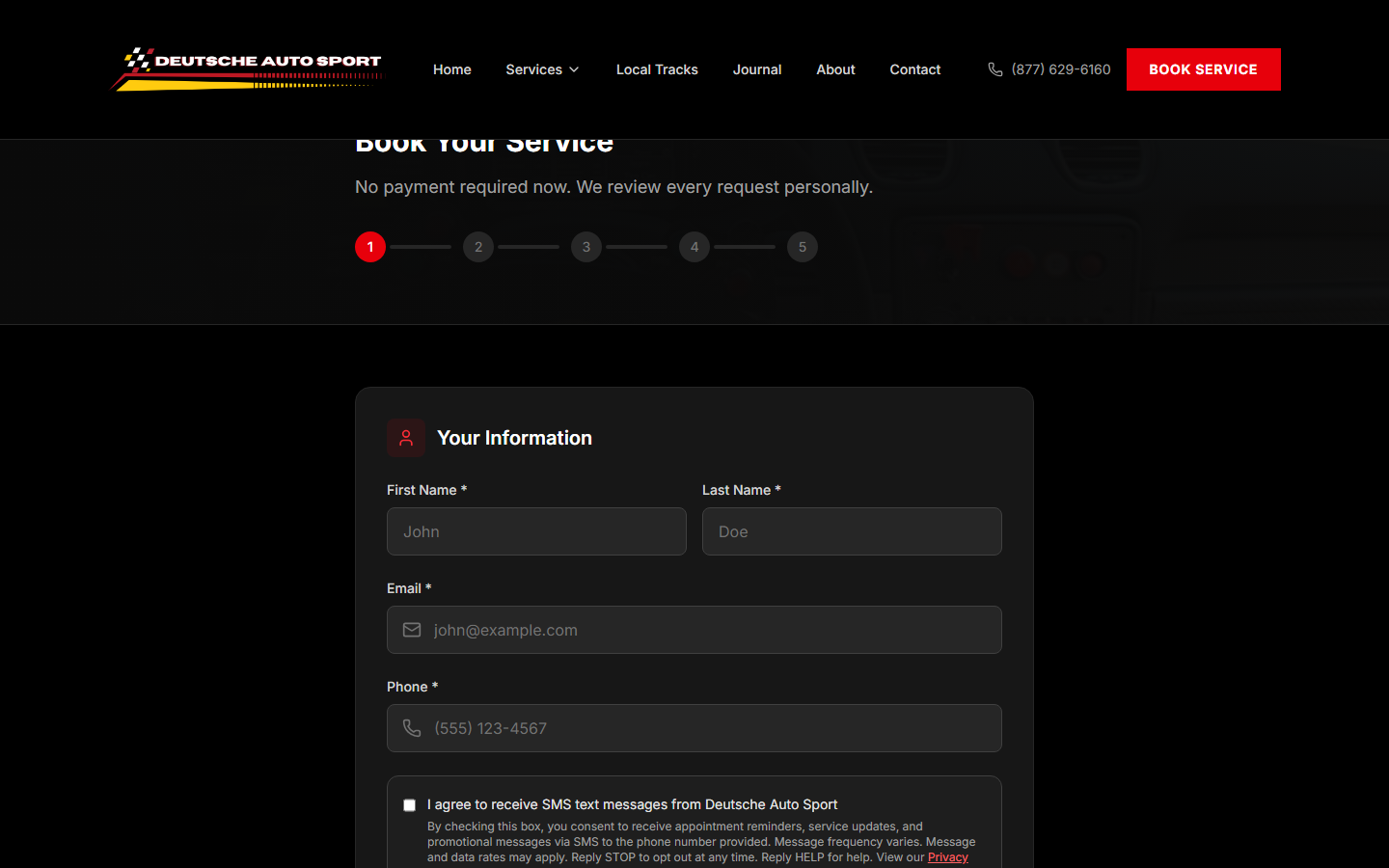 Customer-facing booking wizard collecting contact information and SMS consent